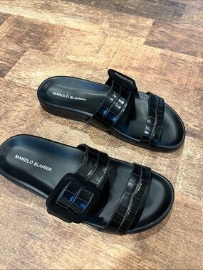 Manolo Blahnik Black Croc-Embossed Women’s Leather Slide Sandals